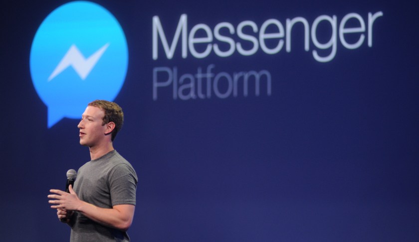 Facebook CEO Mark Zuckerberg introduces a new messenger platform at the F8 summit in San Francisco, California, on March 25, 2015. AFP PHOTO/JOSH EDELSON (Photo credit should read Josh Edelson/AFP/Getty Images)