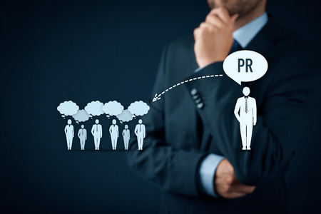 56359351 - public relations (pr) concept. businessman think about pr services (public relations) and its impact to public.